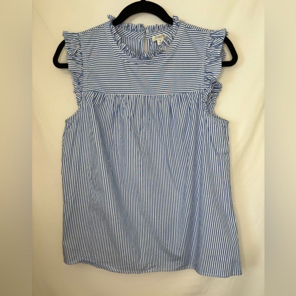 J. Crew Blue and White Striped Ruffle Tank Top